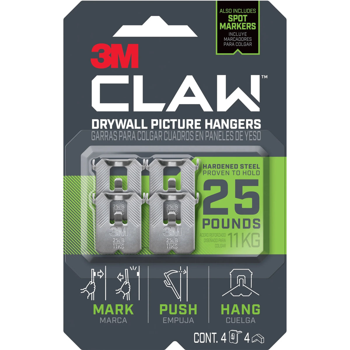 3M CLAW Drywall Picture Hanger: 25 lb Capacity for Pictures Mirrors Art - 4 Pack - Mounting Tape & Putty