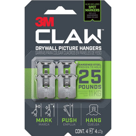 3M CLAW Drywall Picture Hanger: 25 lb Capacity for Pictures Mirrors Art - 4 Pack - Mounting Tape & Putty