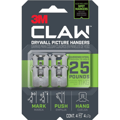 3M CLAW Drywall Picture Hanger: 25 lb Capacity for Pictures Mirrors Art - 4 Pack - Mounting Tape & Putty