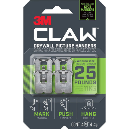 3M CLAW Drywall Picture Hanger: 25 lb Capacity for Pictures Mirrors Art - 4 Pack - Mounting Tape & Putty