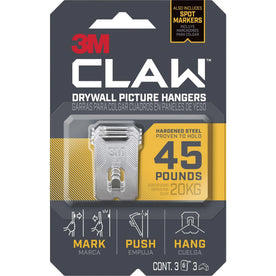 3M CLAW Drywall Picture Hanger: 45 lb Capacity - Steel - Gray - 3/Pack - Mounting Tape & Putty