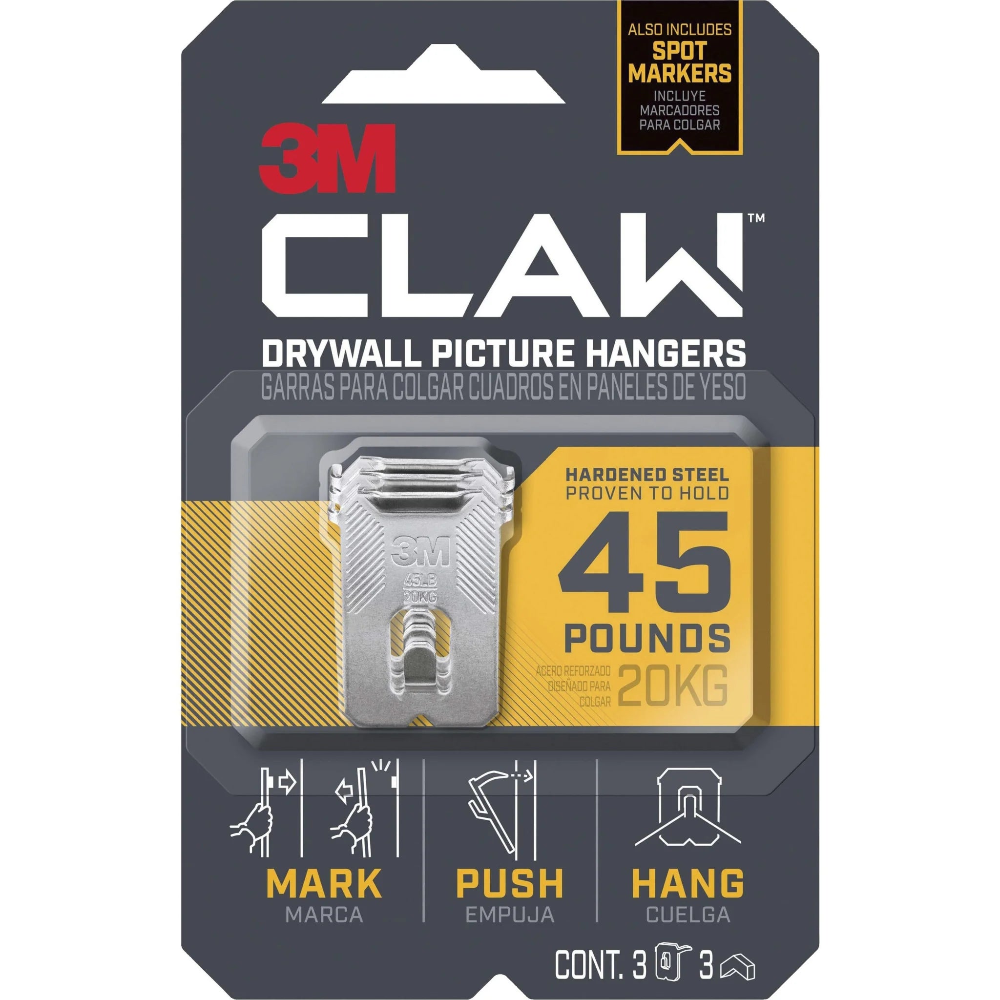 3M CLAW Drywall Picture Hanger: 45 lb Capacity - Steel - Gray - 3/Pack - Mounting Tape & Putty