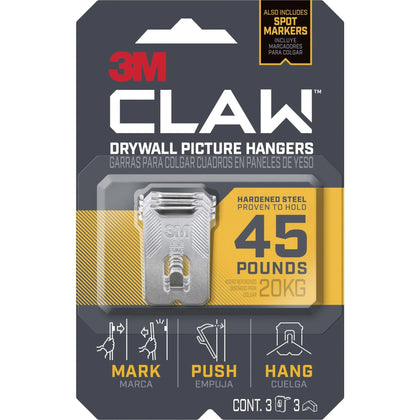 3M CLAW Drywall Picture Hanger: 45 lb Capacity - Steel - Gray - 3/Pack - Mounting Tape & Putty