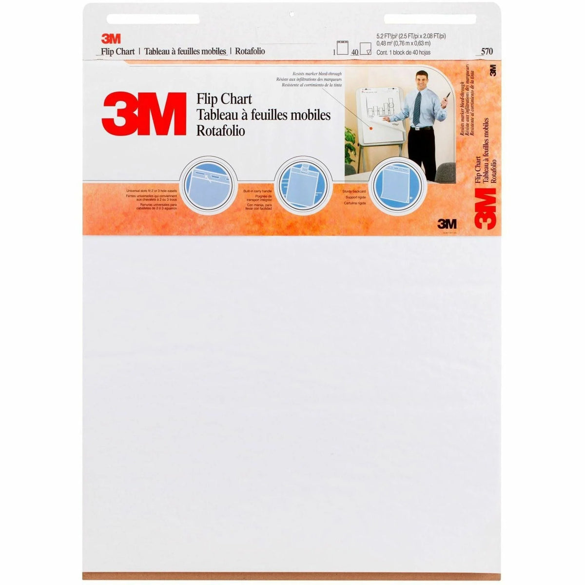 3M Flip Charts: Plain 40-Sheet Stapled Pack - Heavyweight Bleed-resistant - 25’’ x 30’’ - Easel Pads