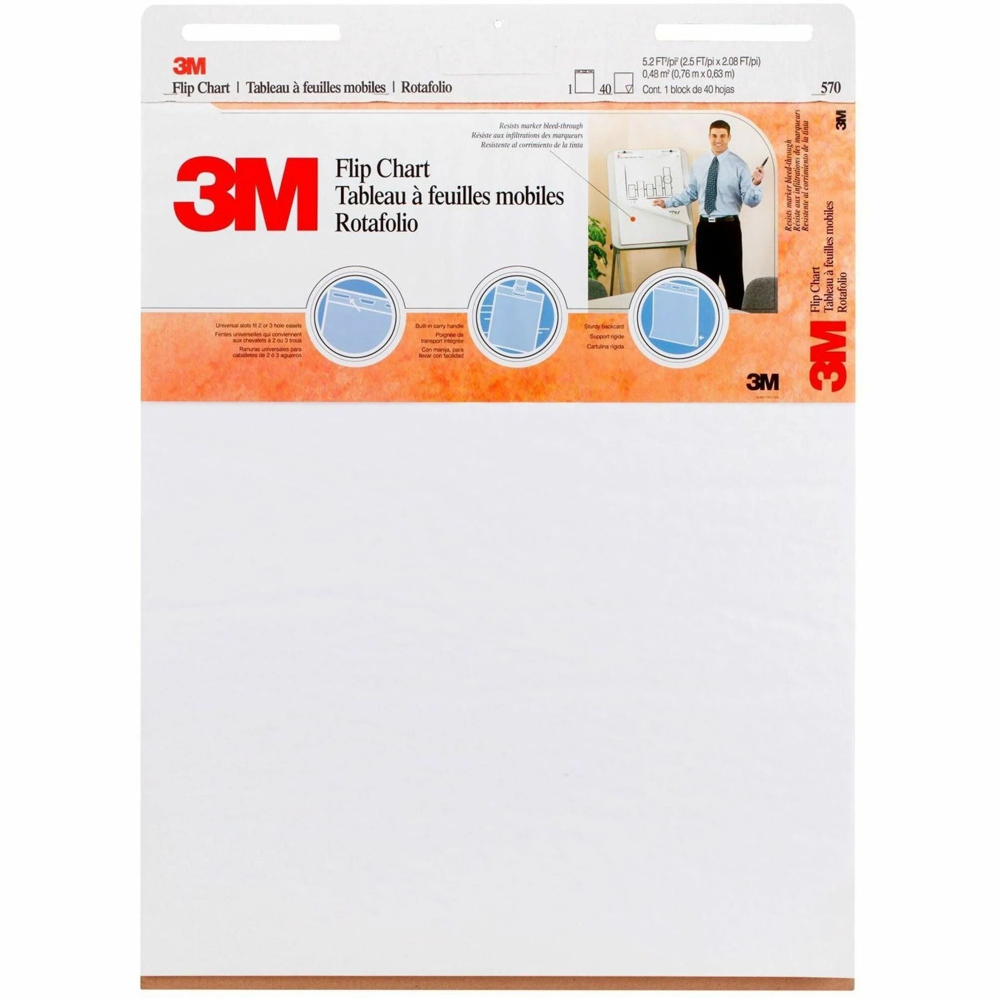 3M Flip Charts: Plain 40-Sheet Stapled Pack - Heavyweight Bleed-resistant - 25’’ x 30’’ - Easel Pads