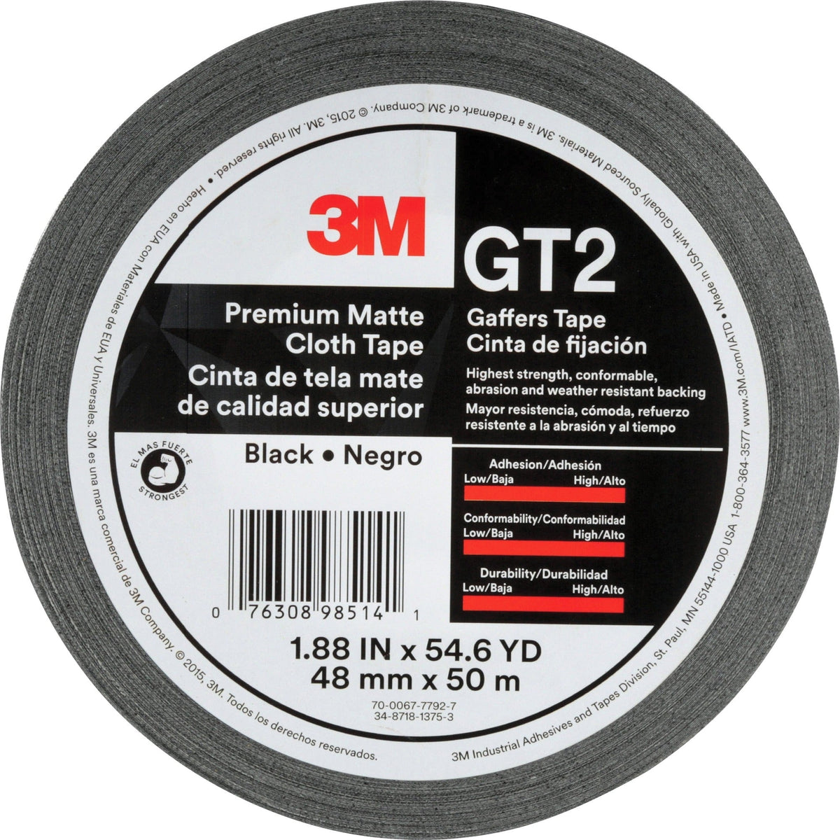 3M Gaffers Cloth Tape - 54.60 yd Length x 1.90’’ Width 11 mil Thickness - Black - Vinyl - 1 Roll - General