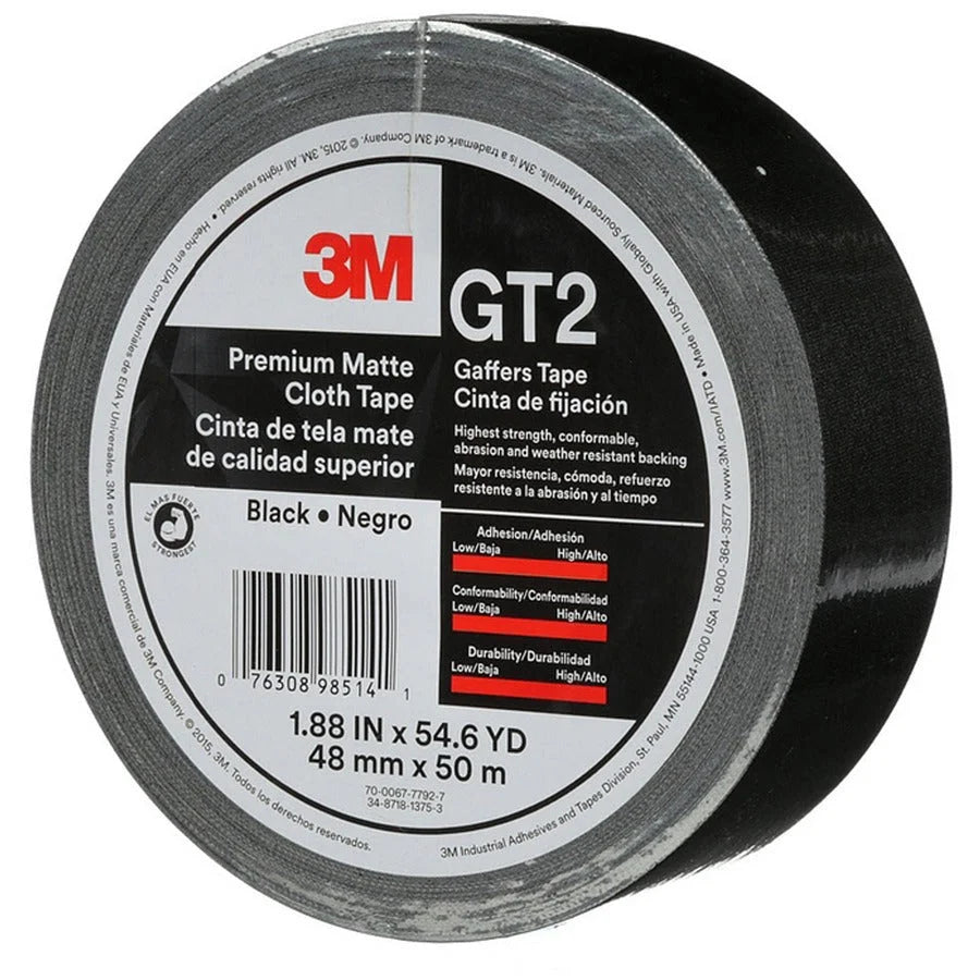 3M Gaffers Cloth Tape: 54.60 yd Length x 1.90’’ Width - Black Vinyl Tape - General Purpose/Office