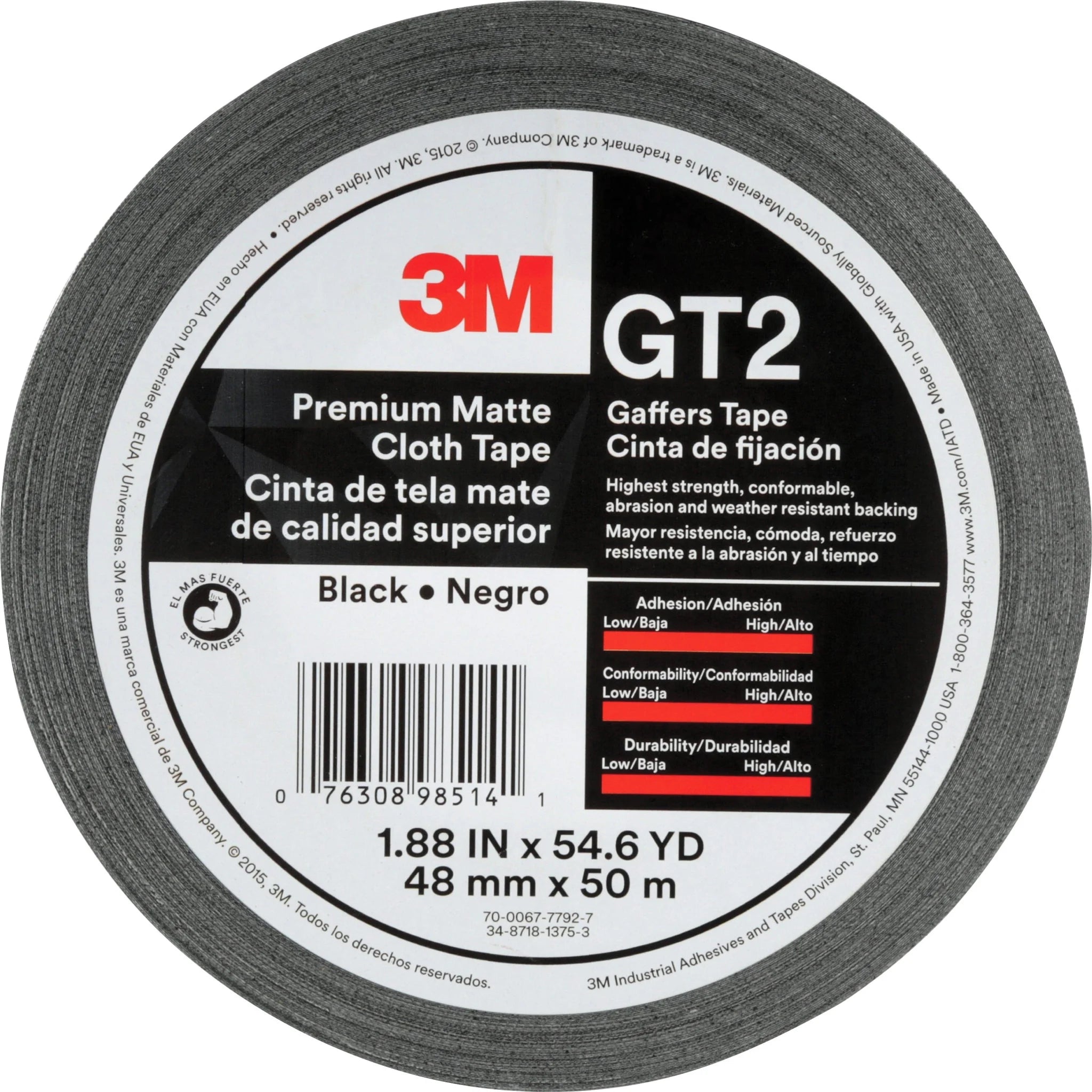 3M Gaffers Cloth Tape: 54.60 yd Length x 1.90’’ Width - Black Vinyl Tape - General Purpose/Office
