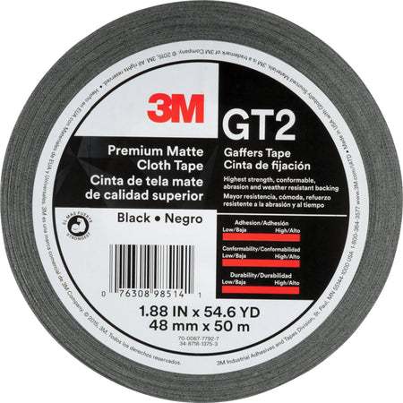 3M Gaffers Cloth Tape: 54.60 yd Length x 1.90’’ Width - Black Vinyl Tape - General Purpose/Office