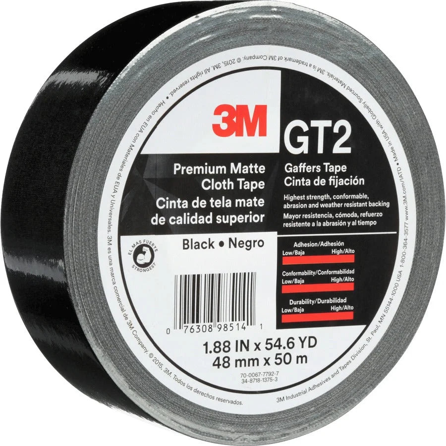 3M Gaffers Cloth Tape: 54.60 yd Length x 1.90’’ Width - Black Vinyl Tape - General Purpose/Office