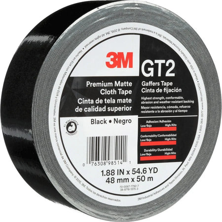3M Gaffers Cloth Tape: 54.60 yd Length x 1.90’’ Width - Black Vinyl Tape - General Purpose/Office
