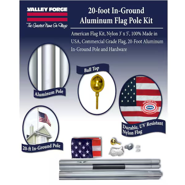 Valley Forge American Flag Kit includes 3' x 5' embroidered nylon flag and 20' pole