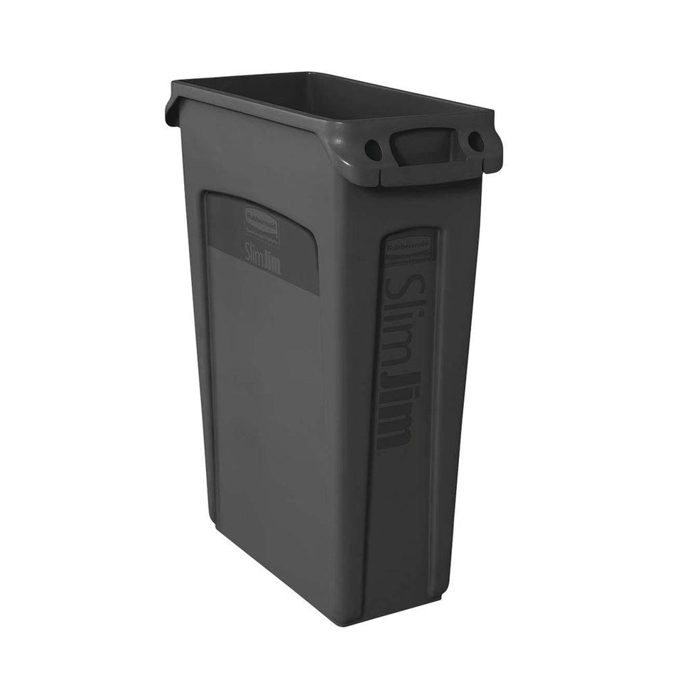Rubbermaid Commercial Slim Jim 23-Gallon Vented Waste Container - 23 gal Capacity - Rectangular - Durable, Handle - 30" Height x 11" Width x 22" Depth - Plastic - Black - 1 Each