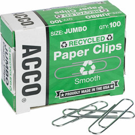 ACCO Jumbo Paper Clips: 1.6’’ Length 20 Sheet Capacity - Silver - 100/Box - Clips