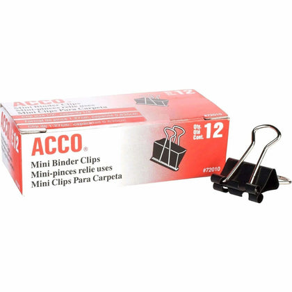ACCO Mini Foldback Binder Clips: Size 0.5’’ Width 0.25’’ Capacity - Black/Silver Steel - 1 Dozen - Bulldog Clips