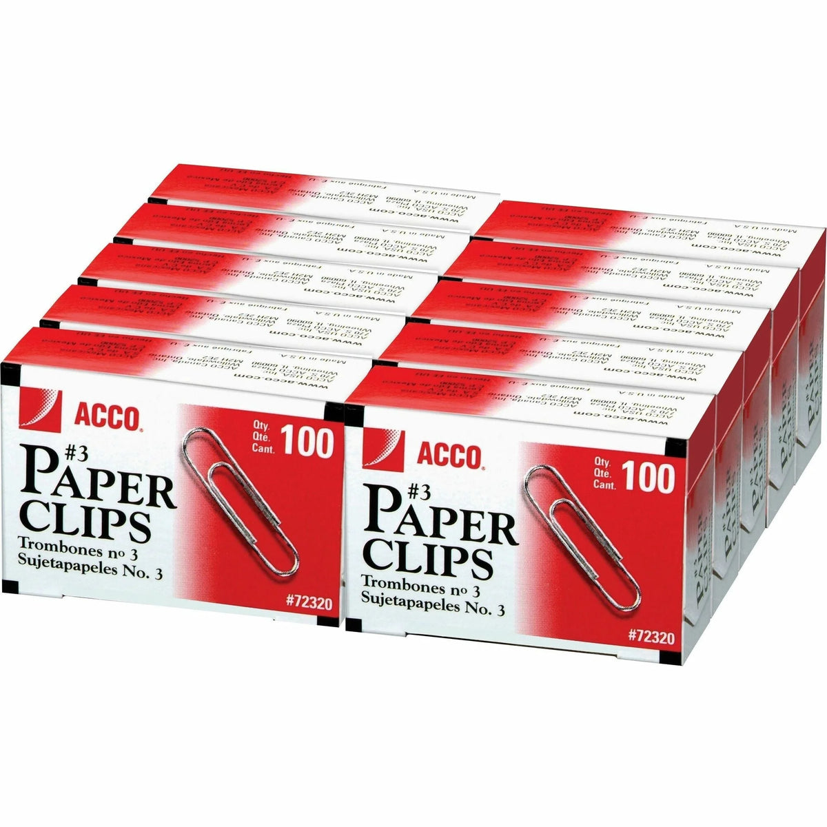 ACCO Paper Clips: No. 3 0.9’’ Length 10 Sheet Capacity - Galvanized Zinc Plated - 100/Box - Clips
