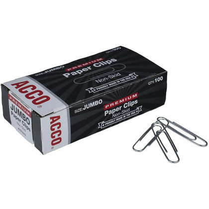 ACCO Premium Jumbo Non-Skid Paper Clips - 100/Box - Long Lasting Silver