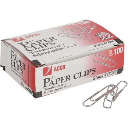 ACCO Premium Paper Clips: No. 1 10 Sheet Capacity Galvanized Zinc - 100/Box - Clips