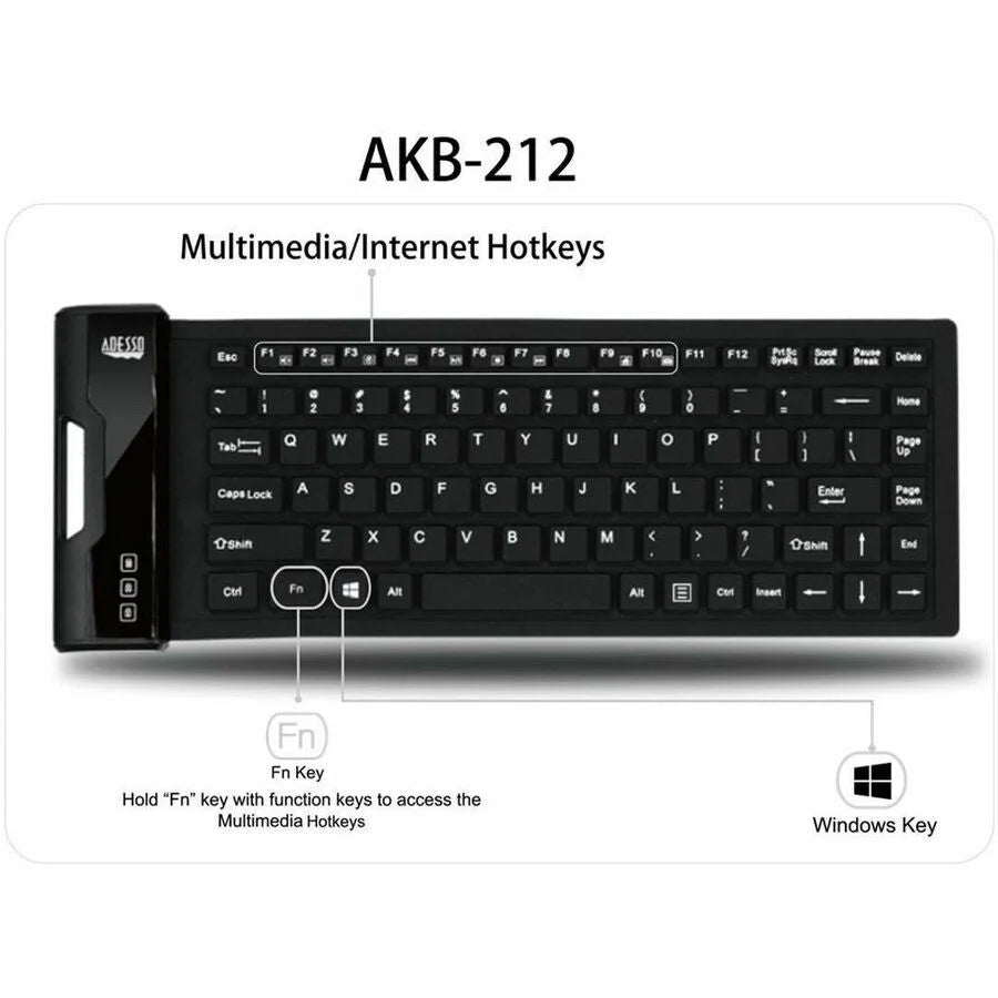 Adesso Mini Waterproof Flex Keyboard - USB Interface - 87 Key(s) - Industrial Silicon Rubber Keyswitch - Keyboards &