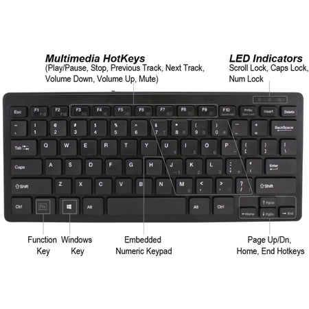 Adesso SlimTouch Mini Keyboard: USB 78-Key QWERTY Layout - Windows - Membrane Keyswitch - Black - Keyboards & Mice