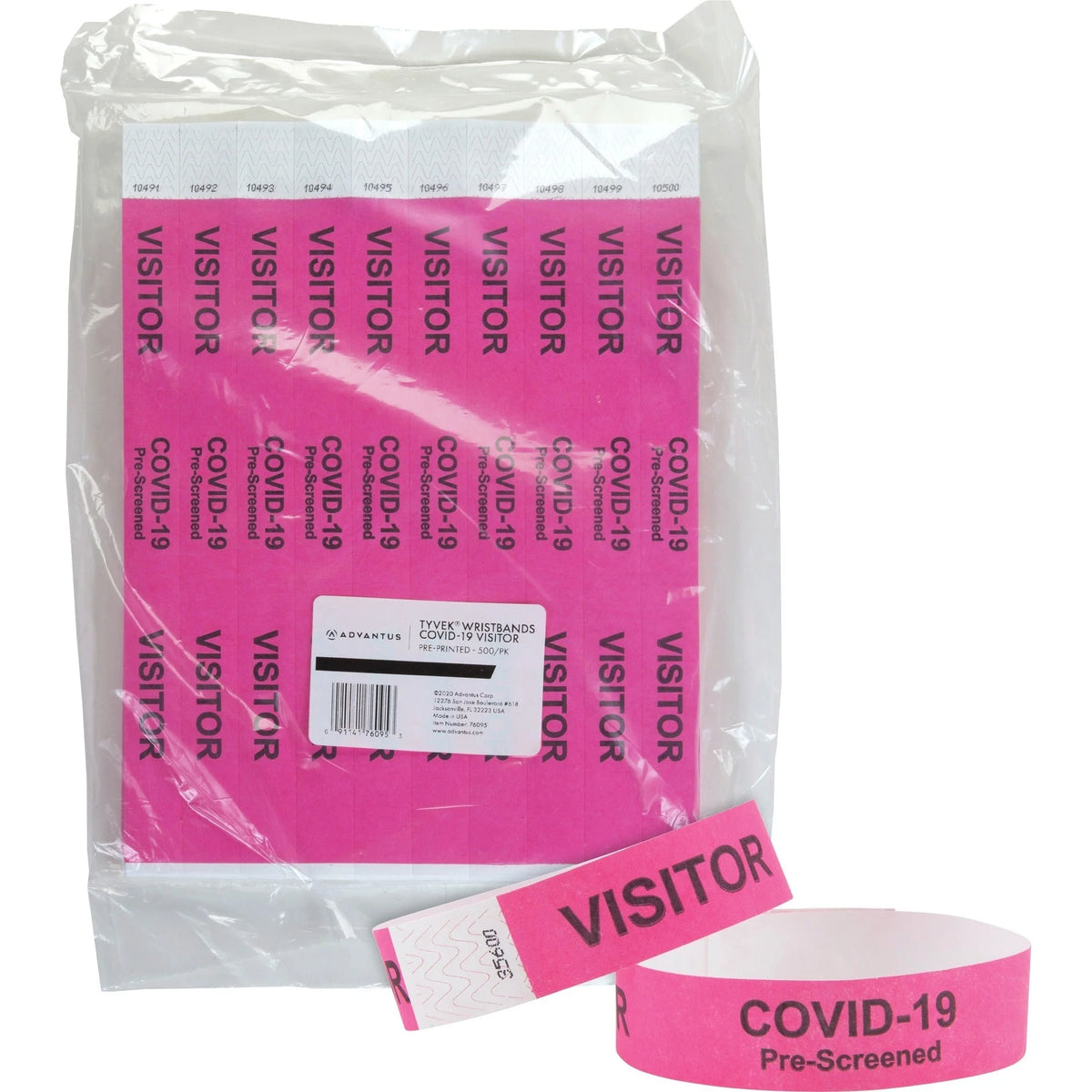 Advantus COVID Prescreened Visitor Wristbands - Pink Tyvek - 500 Pack - ID Badges & Supplies