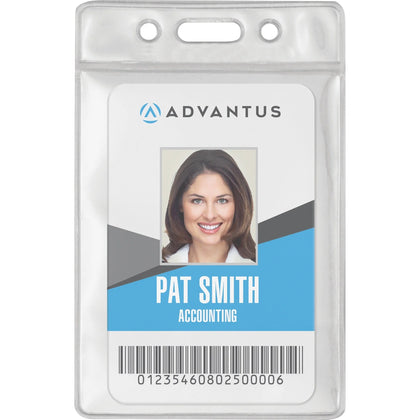 Advantus Vinyl ID Badge Holders - Vertical Clear - 2.50’’ x 3.50’’ - Durable - 50/Pack - Badges & Supplies