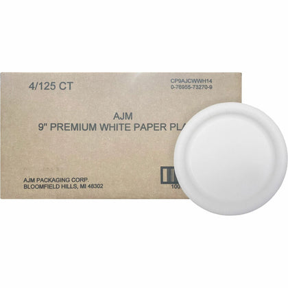 AJM 9’’ Dinnerware Paper Plates - Disposable White - 125 / Pack