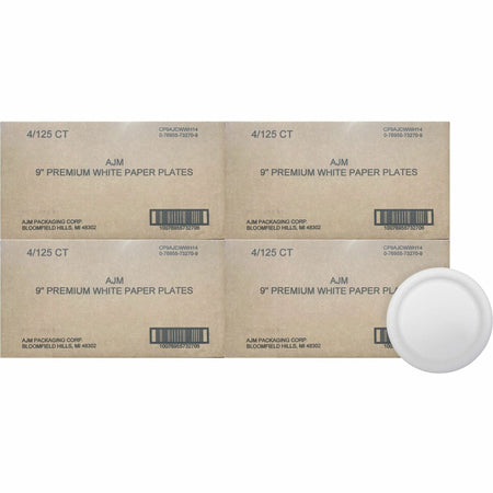 AJM 9’’ Dinnerware Paper Plates - Disposable - Diameter - White - Body - 125/Pack - 4 / Carton