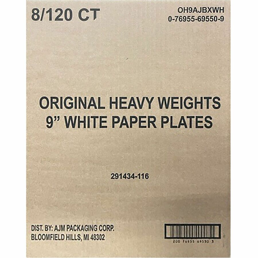 AJM 9’’ Original Heavyweight Plates - Serving Reheating - Disposable - Microwave Safe - Diameter - White - Paper Body