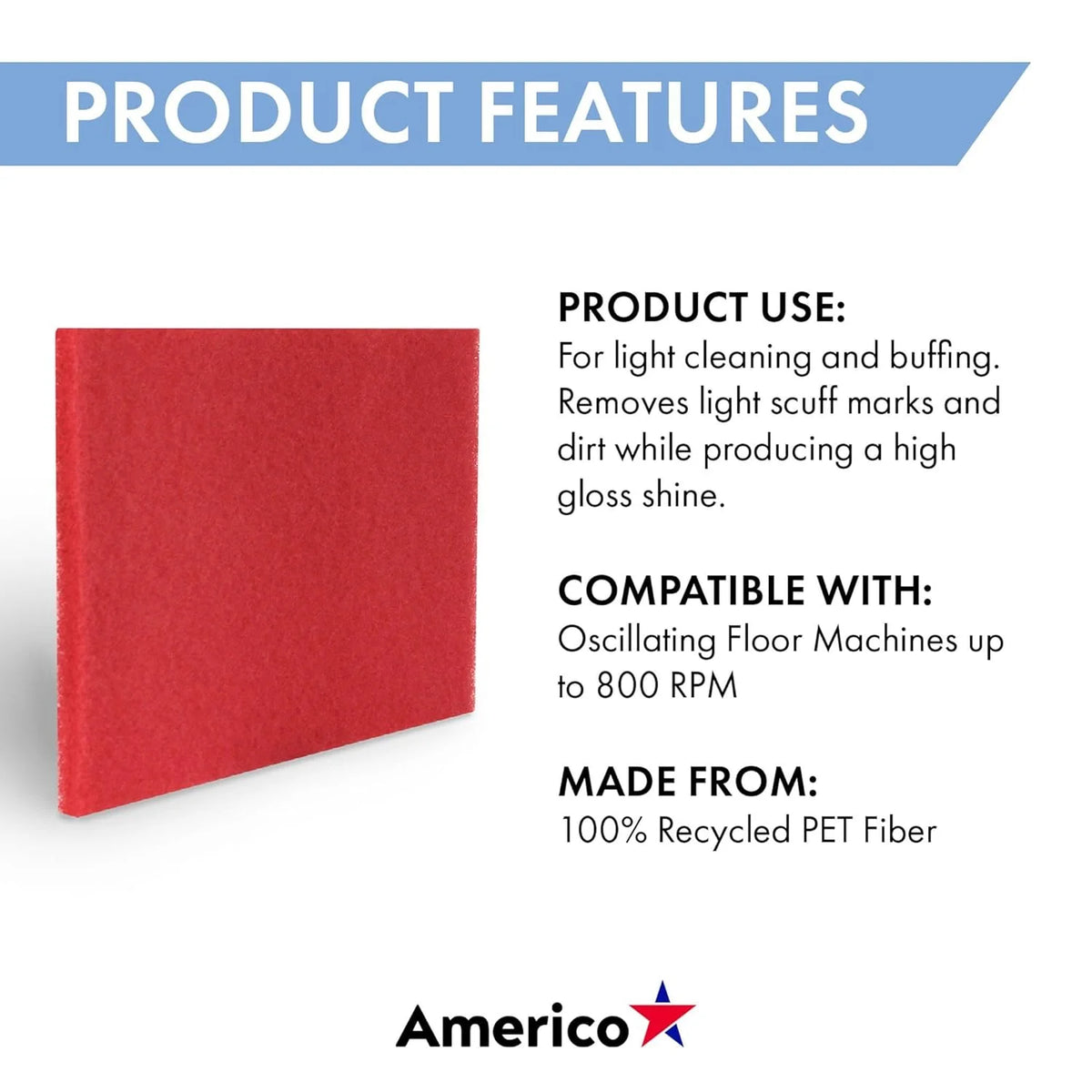 AMERICO Red Buffing Pads: 14 in Wd 20 Lg Synthetic Fiber 5 PK - Floor Pads