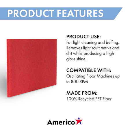 AMERICO Red Buffing Pads: 14 in Wd 20 Lg Synthetic Fiber 5 PK - Floor Pads