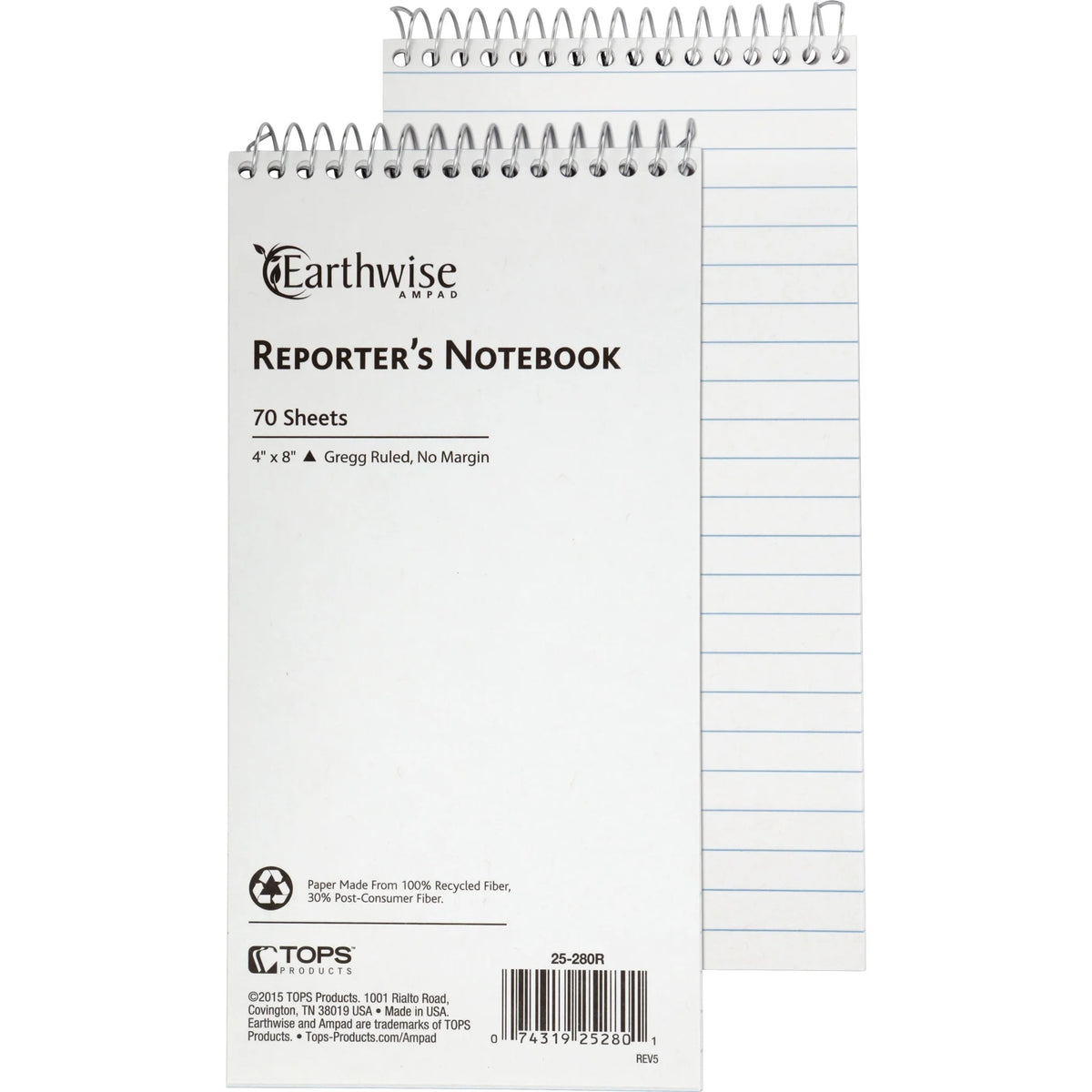 Ampad Earthwise Reporter’s Notebook: 70-Sheet Wire Bound 4’’ x 8’’ Recycled - White Paper Micro Perforated - Notebooks
