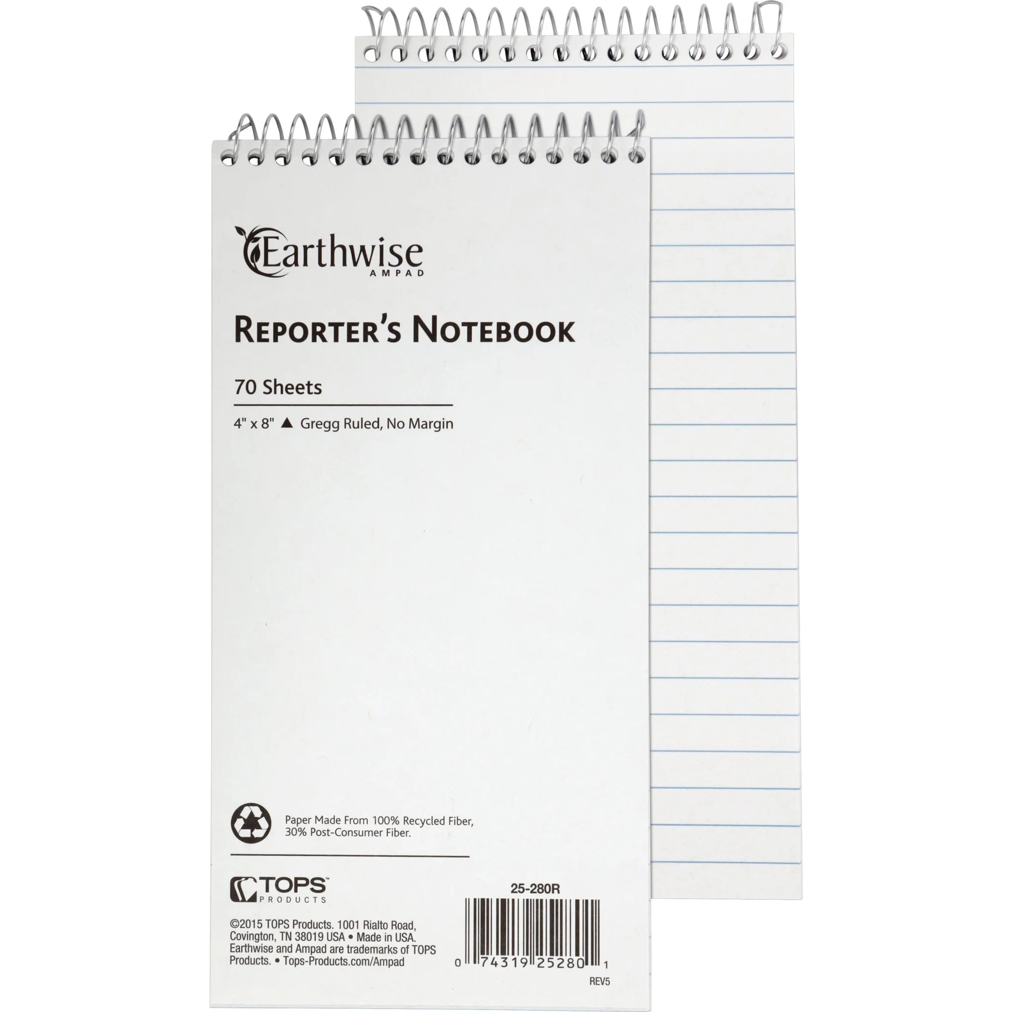 Ampad Earthwise Reporter’s Notebook: 70-Sheet Wire Bound 4’’ x 8’’ Recycled - White Paper Micro Perforated - Notebooks