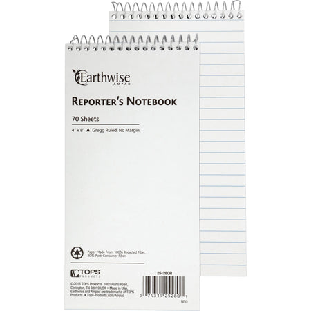 Ampad Earthwise Reporter’s Notebook: 70-Sheet Wire Bound 4’’ x 8’’ Recycled - White Paper Micro Perforated - Notebooks