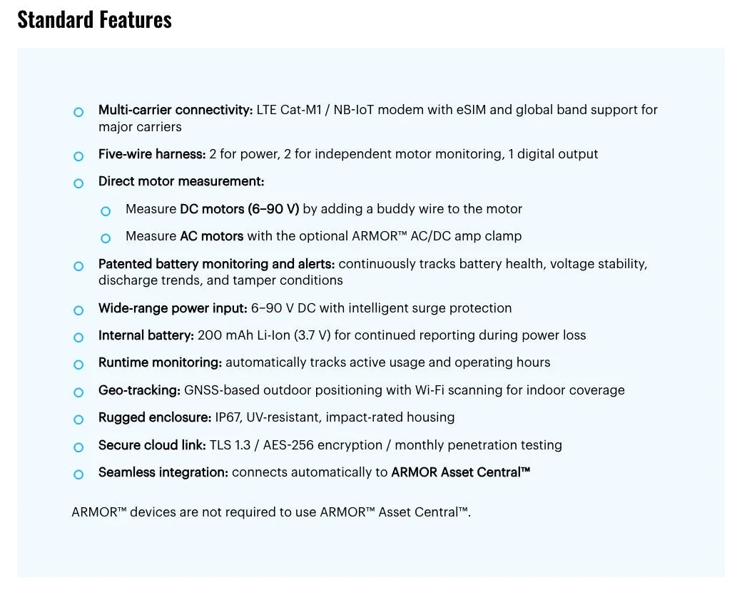 ARMOR 4+™ Connected Asset Monitor, Rugged IoT Power & Runtime Tracker with Global LTE/NB-IoT (6–90 V DC)