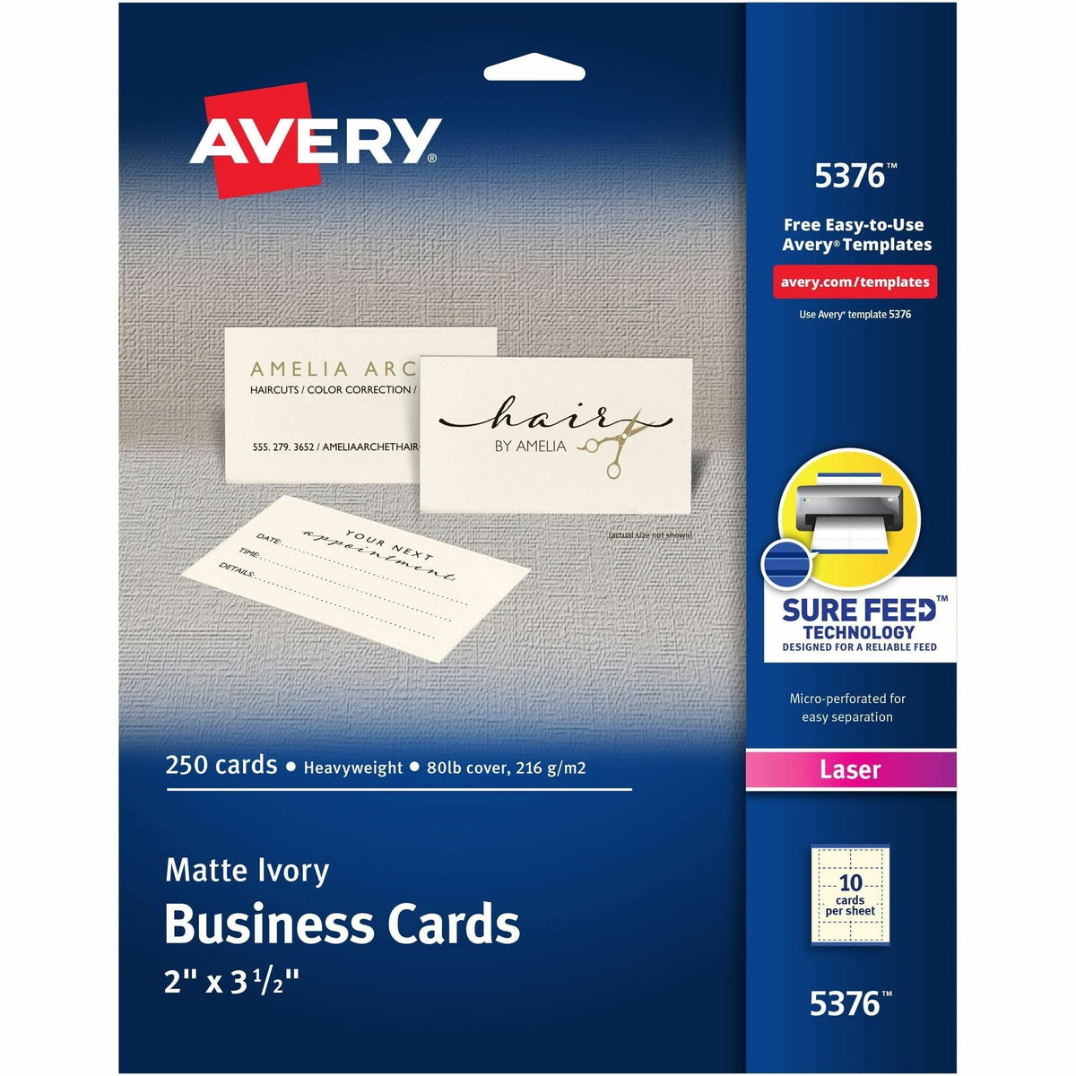 Avery® 2" x 3.5" Ivory Business Cards, Sure Feed Technology, Laser, 250 Cards (5376) - 2000