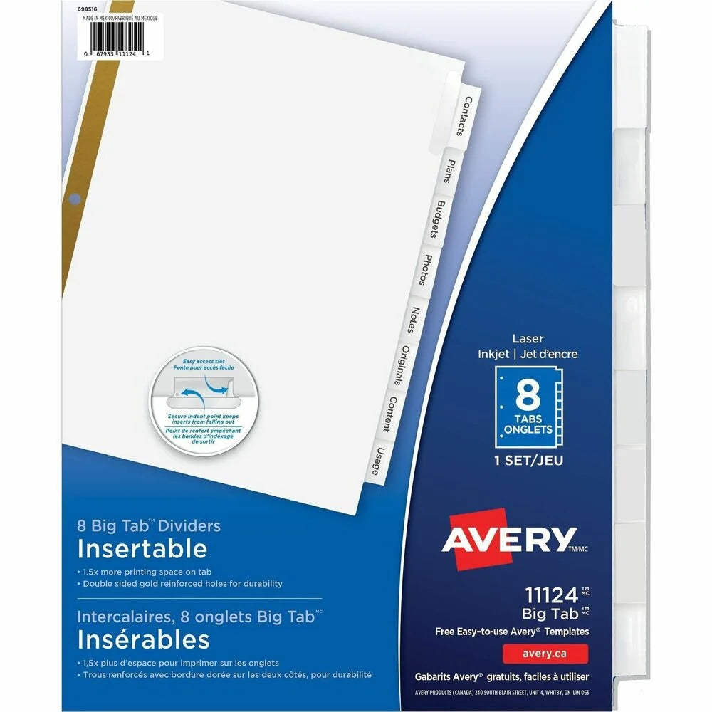 Avery Big Tab Insertable Dividers: 8-Tab Set White Paper 3-Hole Punched - Index Divider