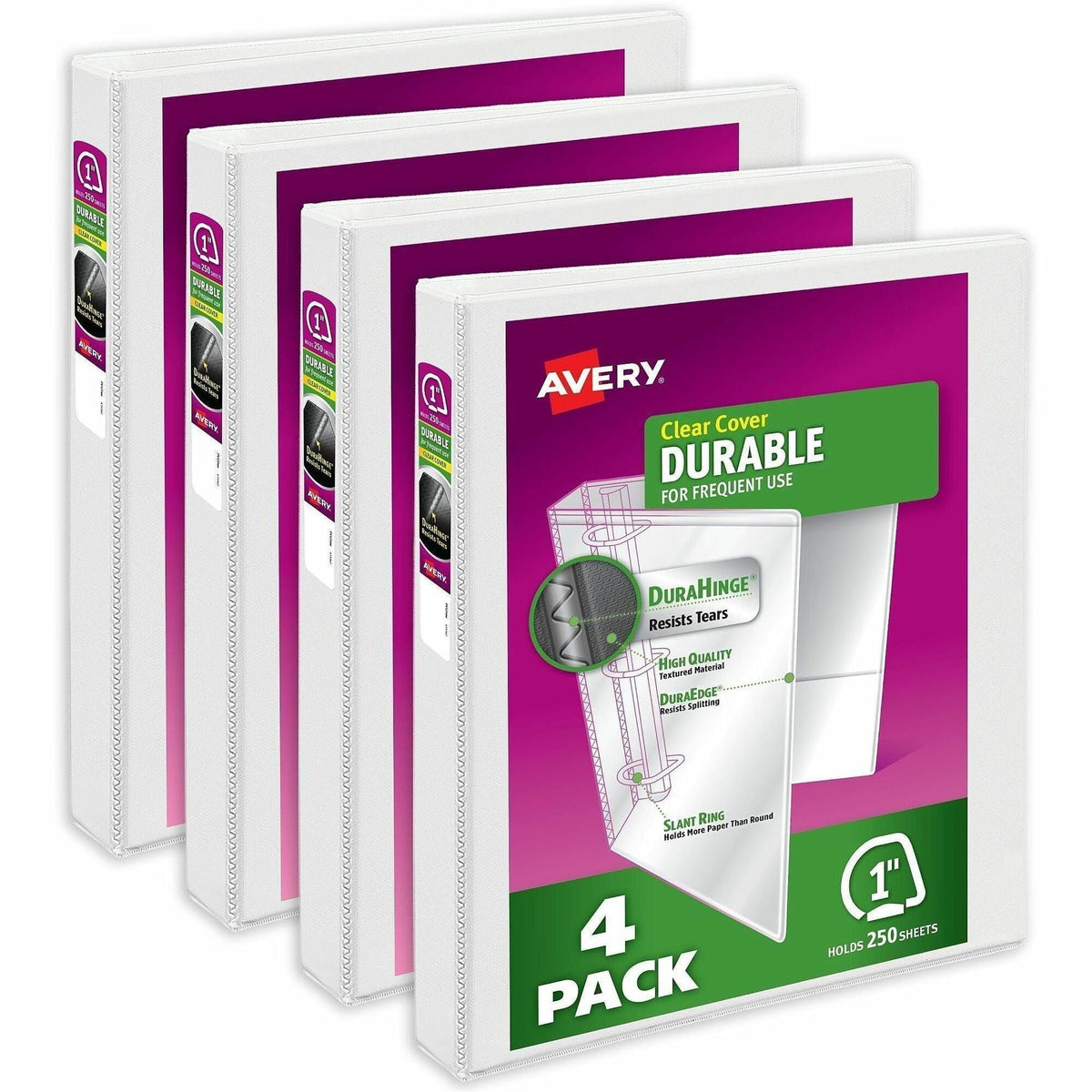 Avery Durable View 3 Ring Binders, 1" Slant Rings, 4 White Binders (17575) - 2000
