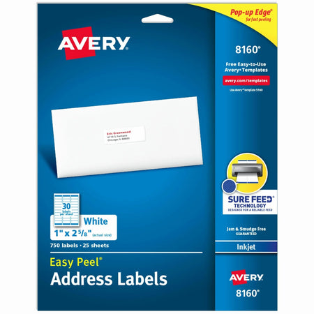 Avery Easy Peel Address Labels: 1x2-5/8’’ Inkjet White 750 Labels - Shipping