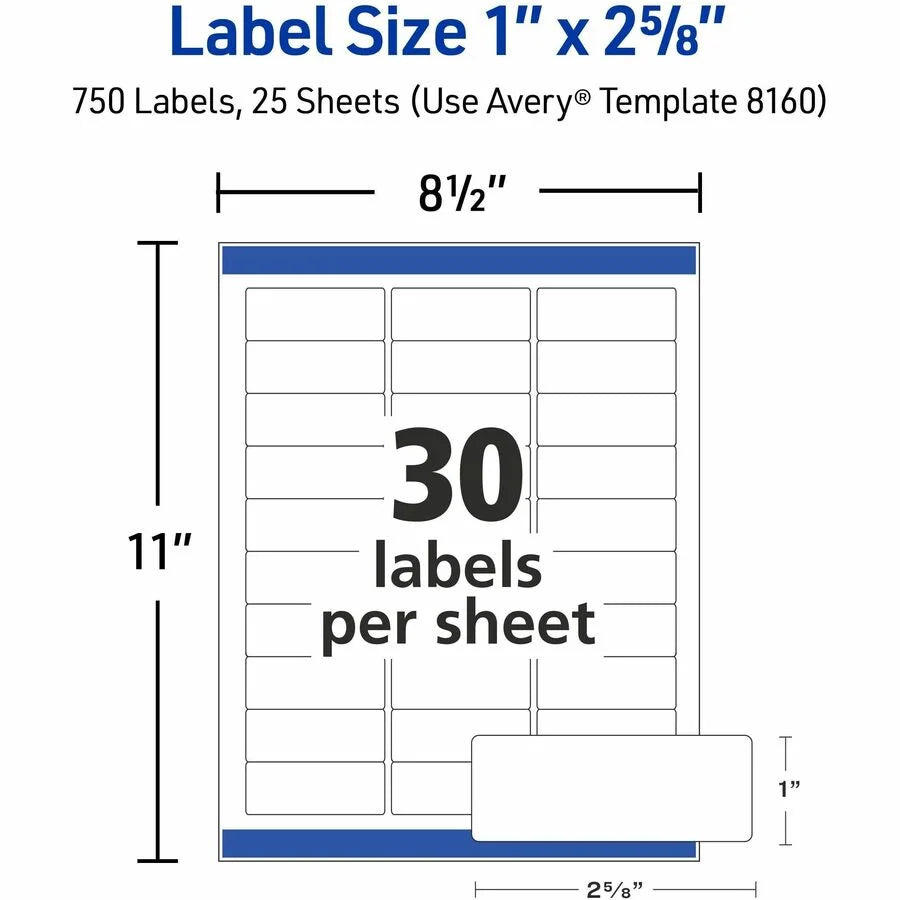 Avery Easy Peel Address Labels: 1x2-5/8’’ Inkjet White 750 Labels - Shipping