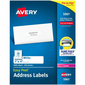 Avery Easy Peel Address Labels: Laser White Paper 1x4’’ 5000 Labels - Shipping