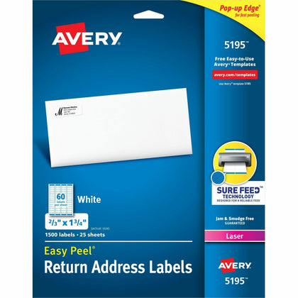 Avery Easy Peel Mailing Laser Labels: White Rectangle Labels 1500 Pack - Address / Shipping