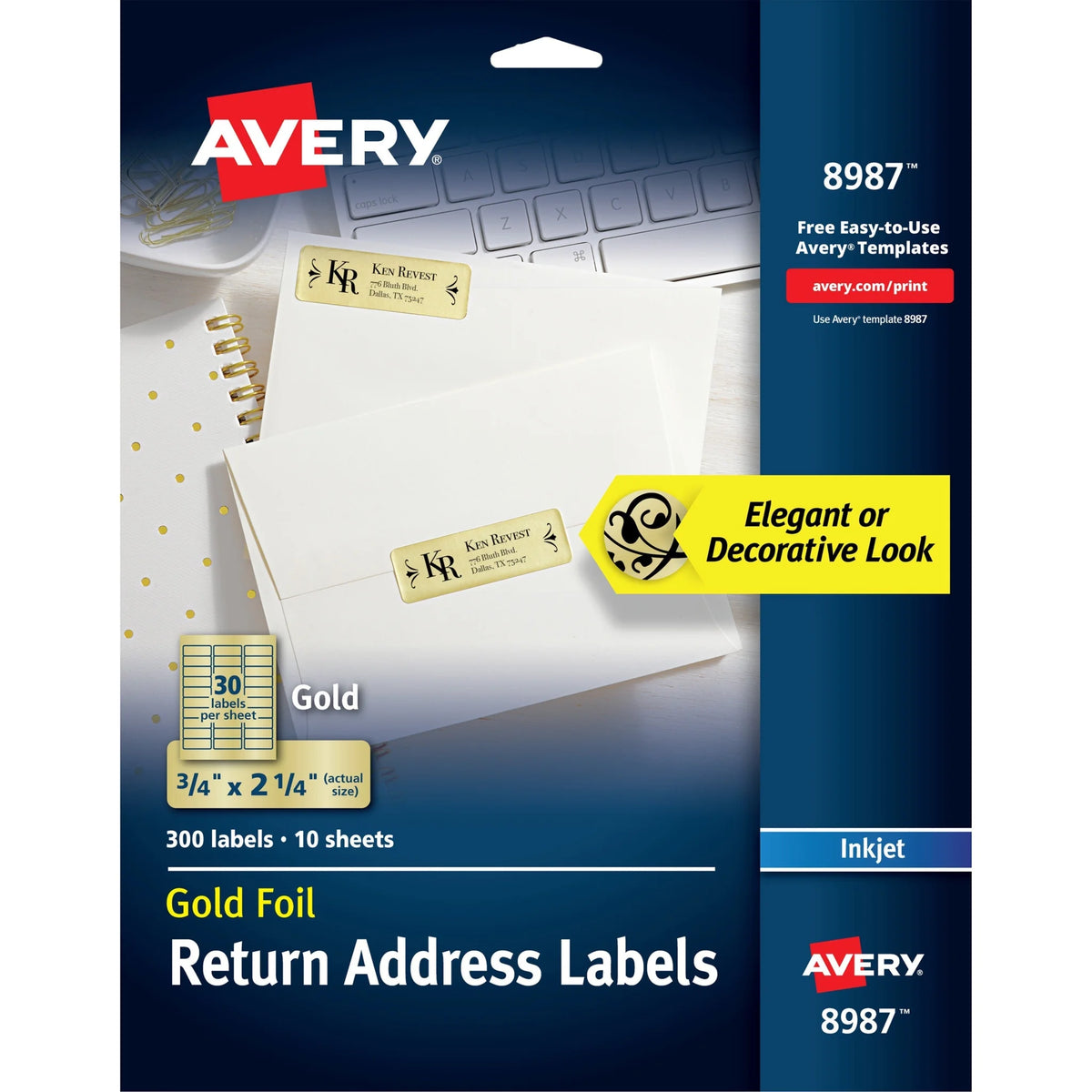 Avery Foil Mailing Labels: Gold Rectangle Labels for Inkjet Printers - Address / Shipping