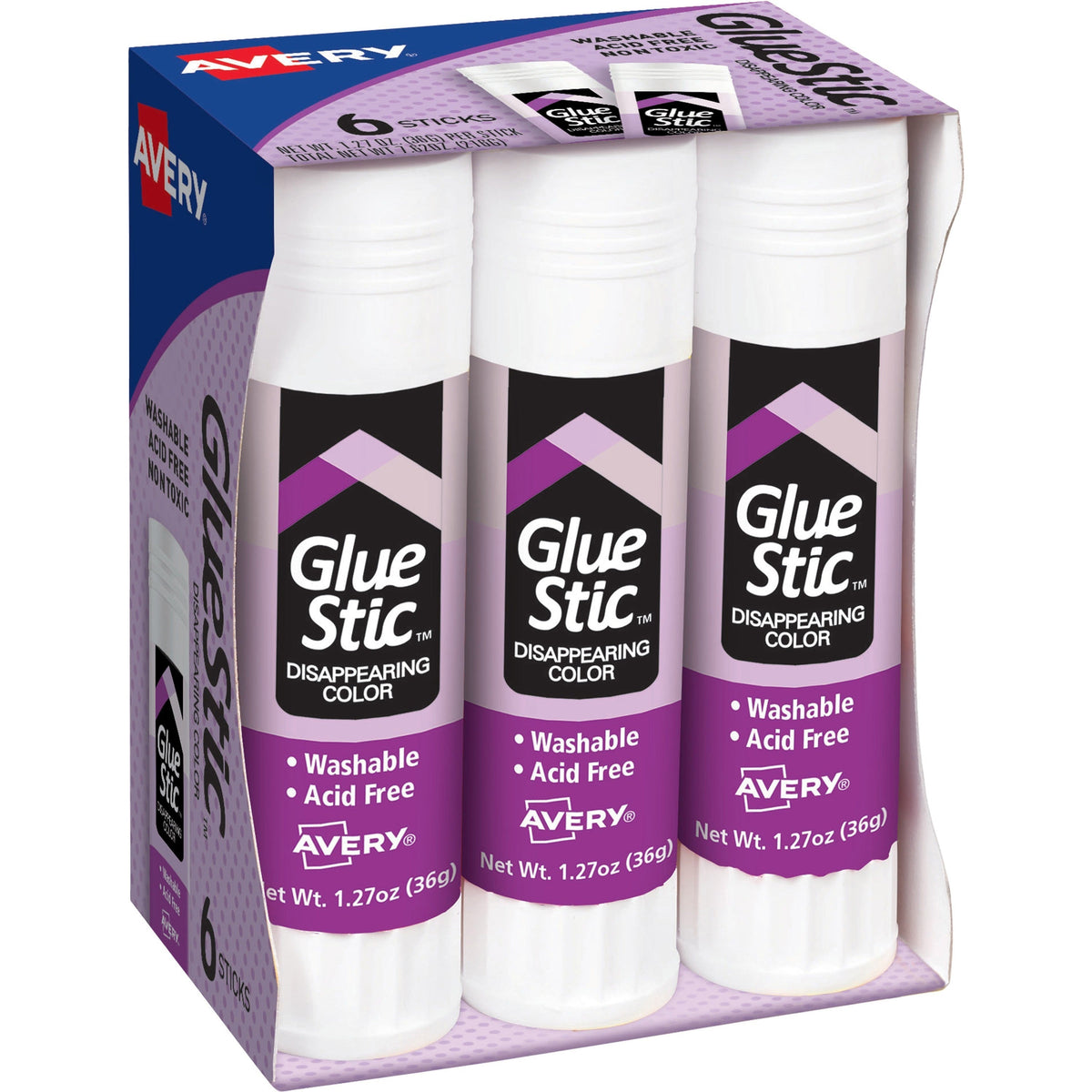 Avery® Glue Stic with Disappearing Purple Color - 1.27 oz - 6 / Pack - Sticks