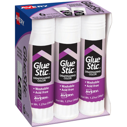 Avery Glue Stic: Disappearing Purple Color - 1.27 oz - 6/Pack - Sticks