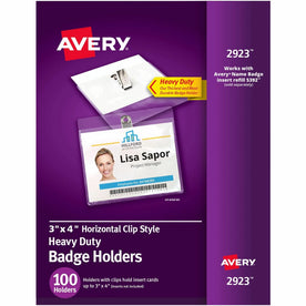 Avery Heavy-Duty Clip-Style Badge Holders: Clear PVC 3x4’’ Landscape - 100/Box - ID Badges & Supplies