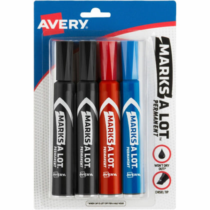 Avery Marks A Lot Permanent Markers - Regular Chisel Point - 4 Pack - & Dry-Erase