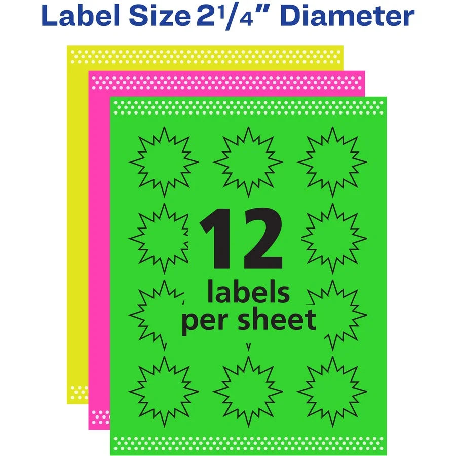 Avery Neon Burst Labels: 2 1/4’’ Diameter Permanent Adhesive Laser Colors - 180 Labels - Address / Shipping