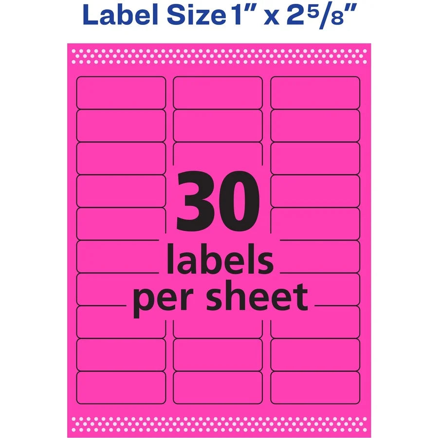 Avery® Shipping Labels - 1’’ Width x 2 5/8’’ Length - Permanent Adhesive - Rectangle - Laser - Neon Magenta - Paper