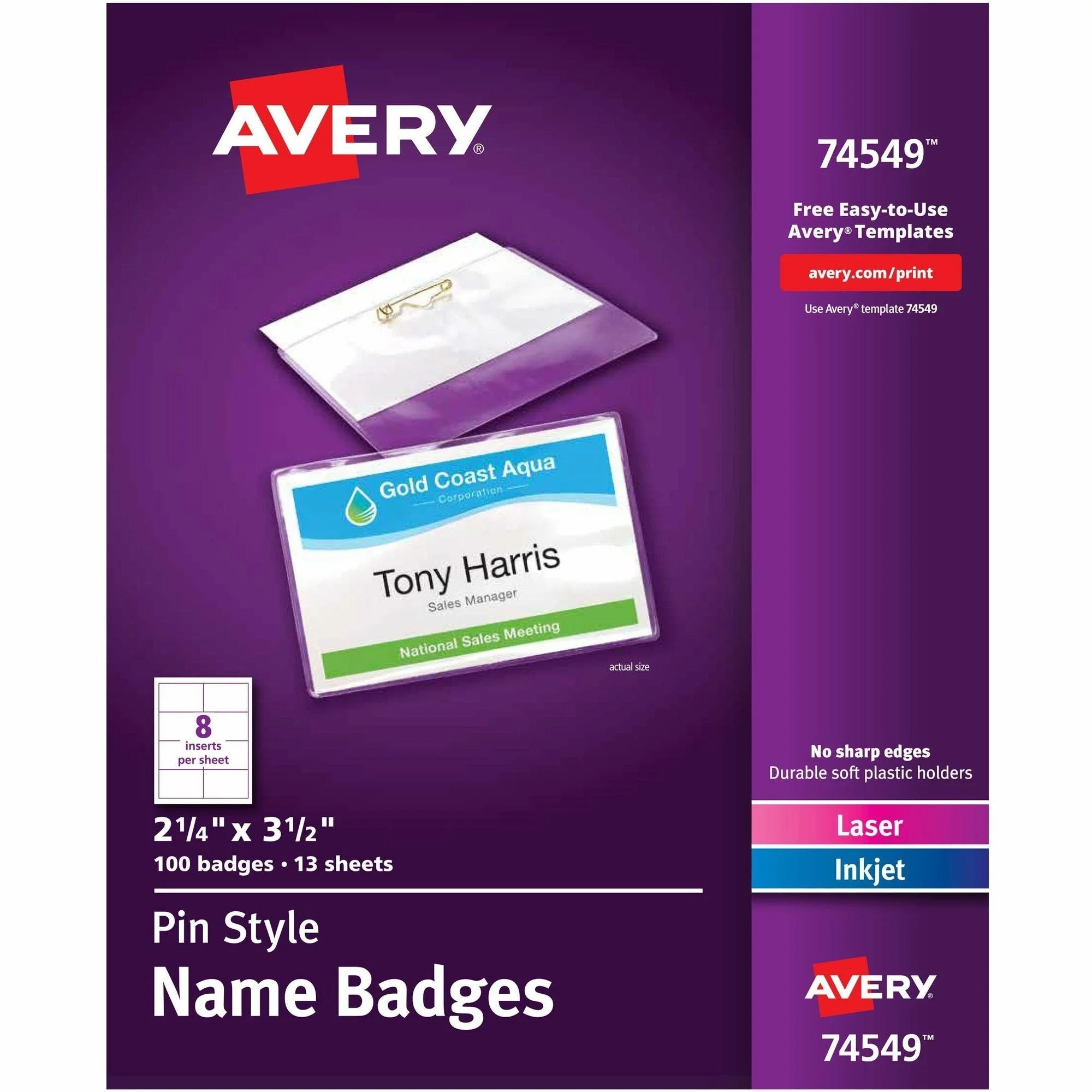Avery Pin-Style Name Badges: White Clear - 100/Box - ID Badges & Supplies